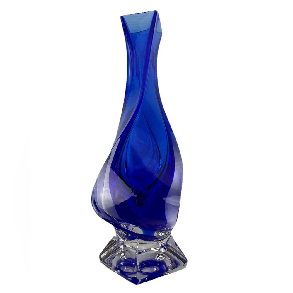 VTG Royal Gallery Style 1995 Crystal Blue Spiral Bud Footed Vase 9” Italy READ